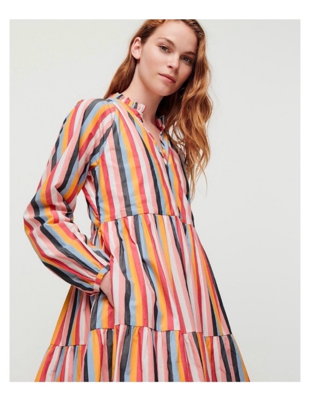 J. Crew Multi-Stripe Tiered Long-Sleeve Dress in Pink, Yellow, Blue, Gray